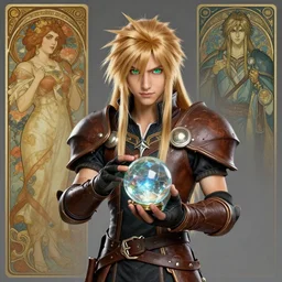 portrait character design a male elven sorcerer with honey blond long hair, green eyes, leather armor, holding a crystal ball, style of final fantasy and kingdom hearts and arcane, 3 d animation demo reel, portrait studio lighting by rebecca guay and alphonce mucha and gaston bussiere,