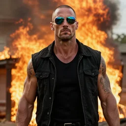 duke nukem wearing reflective sunglasses, narcissistic, full of testosterone, being unfazed by his house being on fire, high quality, very detailed, a beautiful photo, national geographic quality