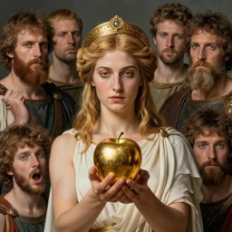 eris, greek goddess of chaos, holding an reflective gold!!! metal apple, goddess of chaos, in the trojan war, carl spitzweg, ismail inceoglu, vdragan bibin, hans thoma, greg rutkowski, alexandros pyromallis, perfect face, sharply focused, sharply detailed, centered, rule of thirds, realistic shading