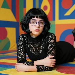 egon schiele short black asymetrical bob haircut and round thin blue frame glasses teen big nose girl, black turtleneck lace dress,  hands crossed, laying over a colorful and bright trippy victor moscoso room. colorful.