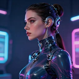 a highly detailed long shot photo of sensual female humanoid with freckles cheeks, futurism, cyber neon lighting, detailed futuristic jewelry, futuristic glossy latex suit, profile posing, hyper photorealistic, crispy quality, digital photography, trending in pinterest, cinematic, 4 k ultra hd, art by pascal blanche, art by greg rutkowski, art by artgerm,