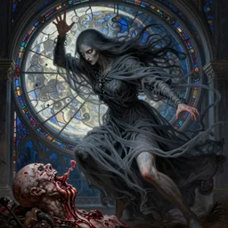 breathtaking detailed soft painting of grim reaper in gauze dress, with long hair and piercing eyes in bleeding meat, in an intricate medieval stained glass moon, dynamic pose and movement, rembrandt style, elegant, highly detailed, artstation, concept art, matte, sharp focus, art by tom bagshaw, luis royo and greg rutkowski