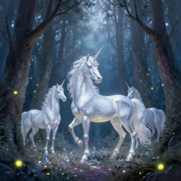 there is a silver unicorn in the forest, unicorns around the shimmering light, fireflies flying in the forest, the dreamy crystal atmosphere ， super wide angle ， matte painting ， rtx on ， by karine eibatova and jordan grimmer ， trending on cgsociety and artstation, volumetric light ， surreal