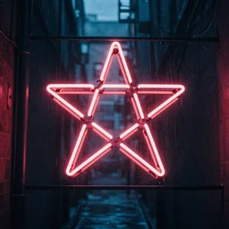 pentagram neon sign, nightlife alley rain 3 5 mm grainy