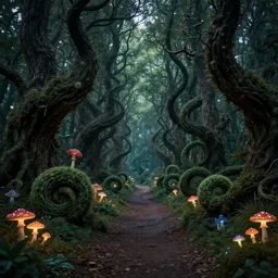 enchanted magical fantasy forest, twisting trees, spiralling bushes, spike - like branches, colorful glowing mushroom scattered, dirt path in the middle, dark atmosphere, by andreas rocha and stephan martiniere