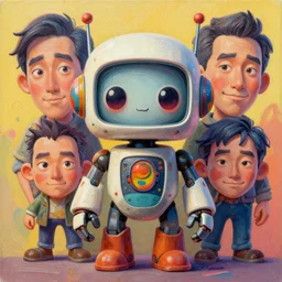 cuddly colourful caricature - 3 d vfx art - of robot, art style by zdzisaw beksinski, tadanori yoko & hsiao - ron cheng, character concept art, unreal engine render, digital illustration, sharp, intricate detail, volumetric light, ray tracing, soft light, claymation style, symmetric, acrylic on canvas