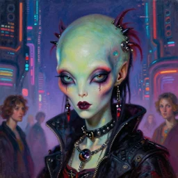 close up portrait of a punk goth alien martian girl in a fluorescent cyberpunk futuristic city, oil painting by canaletto hieronymus bosh leonardo da vinci piero della francesca botticelli