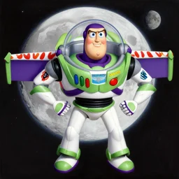 extremely detailed painting of buzz lightyear from toy story floating in space, moon in the background, hyper realistic masterpiece by hajime sorayama