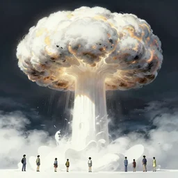highly detailed illustration of a giant nuclear explosions exposure mushroom clouds, abstract minimalist white sculpture in the middle by makoto shinkai, moebius, studio ghibli oliver vernon, joseph moncada, damon soule, manabu ikeda, kyle hotz, dan mumford, otomo, 4 k resolution