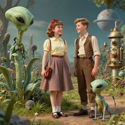 detailed, sharp, a girl and a boy standing next to some alien plants, looking happy, wearing 1950s era clothes, their small pet alien creature is standing nearby, in a park on an alien planet, steampunk, extremely highly detailed, hyperrealistic, octane render, 8k, HD, good lighting