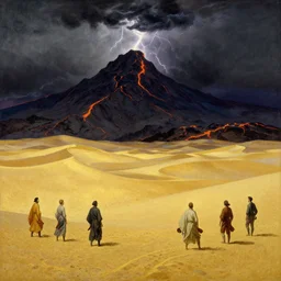 between desert and mountain, gold desert, dark mountain with lava, thunderstorm, fantasy, art by joseph leyendecker, peter mohrbacher, ivan aivazovsky, ruan jia, reza afshar, marc simonetti, alphonse mucha