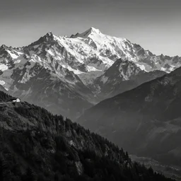 award winning landscape photography of mont blanc by ansel adams and jack brauer, nikon, wide angle, high contrast, black and white, layers, dramatic, beautiful light, fine detail
