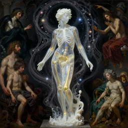Beautiful full-body wax sculpture of glowing transparent woman with visible gold bones covered with melted white candle wax inside the singularity where stars becoming baroque folds of dark matter by Michelangelo da Caravaggio, Nicola Samori, Ilya Repin, Alex Grey, William Blake, Beksinski and Greg Rutkowski, dramatic volumetric lighting, highly detailed oil painting, 8k, masterpiece