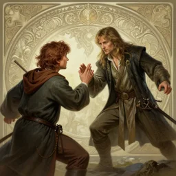 frodo fighting legolas, deep focus, d & d, fantasy, intricate, elegant, highly detailed, digital painting, artstation, concept art, matte, sharp focus, illustration, hearthstone, art by artgerm and greg rutkowski and alphonse mucha