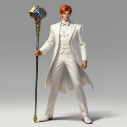 a highly detailed illustration of short ginger haired man wearing white suit, heroic wielding ornate mechanical cane pose, intricate, elegant, highly detailed, centered, digital painting, artstation, concept art, smooth, sharp focus, league of legends concept art, WLOP