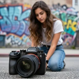 an urban photo, with graffiti in the background and a kneeling urban girl, close up, camera sony a 7 c, lens sony 1 6 - 3 5 mm f / 2. 8