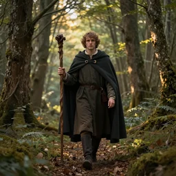 a man in a cloak with a staff travelling trough the forest, neo-romanticism