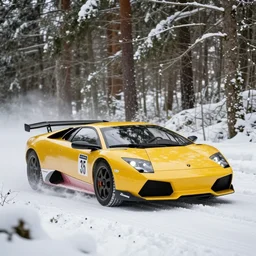 a 2 0 0 5 lamborghini murcielago, racing through a rally stage in a snowy forest