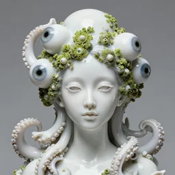 ! dream full head and shoulders, beautiful porcelain female person, mixed with frog spawn, smooth, delicate facial features, white detailed eyes, white lashes, 3 d white shiny thick, large octopus tentacles and eyeballs by daniel arsham and james jean