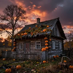 cottage inspired by Evgeny Lushpin,overgrown,hunted,spooky, Halloween October, sunset