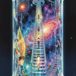 a glass pipe containing the glimmering stairways to otherworldly galaxies, high intricate details, rule of thirds, golden ratio, cinematic light, anime style, graphic novel by fiona staples and dustin nguyen, by beaststars and orange, peter elson, alan bean, studio ghibli, makoto shinkai