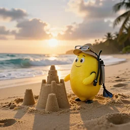 5 0 mm photograph, of a real anthropomorphic lemon cartoon character, it's long, has lemon skin texture, it is wearing a hat and scuba diving, building a sandcastle on the beach at sunset, beach, huge waves, sun, clouds, tropical trees, rim light, cinematic photography, professional, sand, sandcastle, volumetric lightening, taken on pentex k 1 0 0 0