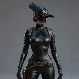 female adventurer, in black latex suit, long sleeves, turtleneck, a porcelain black crow shaped mask, trending on artstation, establishing shot