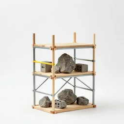 small scaffolding sculpture made with, woods, steel and metal, rock details, cinder blocks, bright construction materials, ratchet straps, photorealistic, studio lighting, product photography, high octane, higly detailed, minimalist, made with unreal engine, inspired by yves tanguy, by nate boyce, by david smith, sony a 6 3 0 0, 5 0 mm fe f / 1. 8