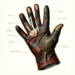 vintage medical anatomical illustration of freddy krueger's glove, highly detailed, labels, intricate writing