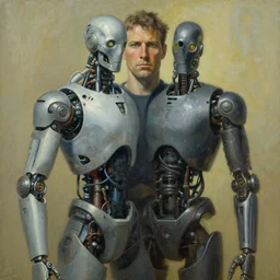 painting by wayne barlowe. juxtaposition of man and machine