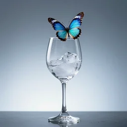 ice butterfly flying out of wine glass, medium shot photograph