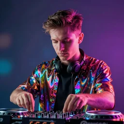 a photorealistic of tech progressive electronic music dj portrait colorful :refractive : : octane render, 4K, dynamic light