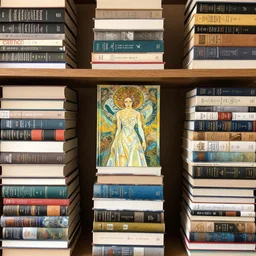 some bookshelves are stacked to the brim with hardback books : science, maths, history, and everything else. digital painting, artstation, concept art, sharp focus, illustration, art by artgerm and greg rutkowski and alphonse mucha, masterpiece