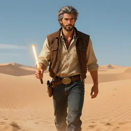 commission of a young man with gray hair,a stylish beard,walking through a desert with a glowing stick,digital art,art by greg rutkowski,trevor henderson,rossdraws,character design,concept art,western comic style,sharp lines,photorealiatic,hyperdetailed,detailed face,high quality,professional lighting,dramatic