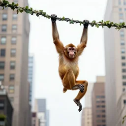monkey swinging across vines that hang from buildings in new york city high up, crowd of people with cell phones filming forming under the monkey, photo