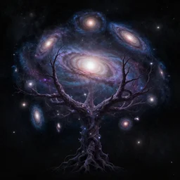 a cosmic yggdrasil with galaxies hanging from the branches by thomas cole, digital art, artstation, low angle, high detail, intricate, white wood, wide shot, bright colors,