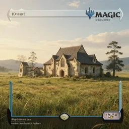 A serene landscape with a singular building in the style of magic the gathering
