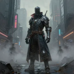 an epic portrait of a cyberpunk knight cloak posing in a foggy megacity, Night City, cyberpunk 2077, brutalist international futurist, muted neon and constant rain and fog, unreal 5, DAZ, detailed, soft focus, brilliant colors, high contrast, brilliant highlights, 4k, 8k, HD, trending on artstation, trending on DeviantArt, painting oil on canvas illustration by Alena Aenmai by Wayne Barlowe by Gerald Brom by Noah Bradley by Thomas Kincade