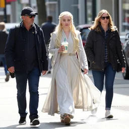 a long shot paparazzi photographic of daenerys targaryen walking downtown vancouver, british columbia drinking starbucks, mid day lighting, candid street photography