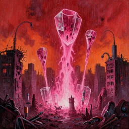 painting of hyper detailed nightmarish raining pink glass, which frighten me, skin paint on the broken & deformed plague buildings in ( 3 0 ) ghost chemicals chugged by helicoprion spewtum groupings, science fiction book cover, red 2 color scheme tools, surrounding with orange warble sky, in style of geof darrow, wayne d barlowe,