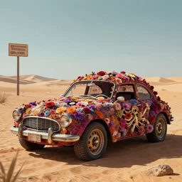 a scary flowery skeleton car in a desert, artstation, digital art,