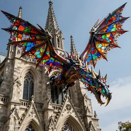 outside exterior view flying stain glass wings gothic stone cathedral lens draco dragon teeth claws in the sky, artstation, cinematic, concept art, 8k, Pinterest, cgsociety, hyper detailed, ultra realistic, illustration, epic, high resolution, post processing, high quality,