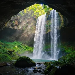 Lush cave with waterfalls, nostalgic, calming, aesthetic, volumetric fog, godrays, high contrast, high contrast, high contrast, vibrant colors, vivid colors, high saturation, by Greg Rutkowski and Jesper Ejsing and Raymond Swanland and alena aenami, featured on artstation, wide angle