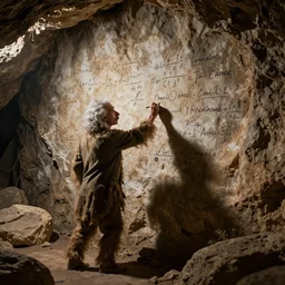 Albert Einstein as a neanderthal writing equations on the wall of a cave