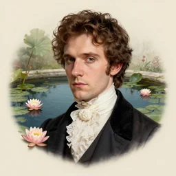 detailed studio portrait of a young victorian gentleman in a beautiful victorian water pond, water lilies, high quality by jeremy mann, only one head single portrait