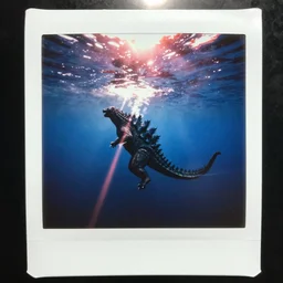analog polaroid photograph of godzilla swimming underwater in the ocean, gigantic waves, laser beams, seen from above, drone footage, bright sun reflection in the water, lensflare, film grain, azure tones, red color bleed