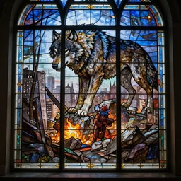 a stained glass window scene depicting a giant wolf destroying a city, mood lighting