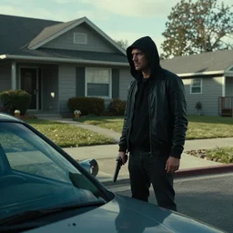 movie scene, assassin waiting outside a house in his car, silenced pistol, middle class residential street by emmanuel lubezki