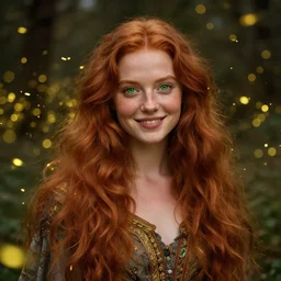 portrait of happy a young woman, among the lights of golden fireflies and nature, long loose red hair, intricate details, bright green eyes, freckles on the nose, round gentle face, intricate dress, deep focus, smooth, sharp, golden ratio, hyper realistic digital art by artemisia lomi gentileschi and caravaggio, full body dreamy art