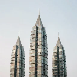 high towers made up of makeshift glass squatter shacks with soft colours, mamiya, 8 5 mm, uniform plain sky, fine details, photographed by julie blackmon